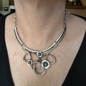 Modernist Silver Tone Statement Necklace | Sculptural Abstract Design